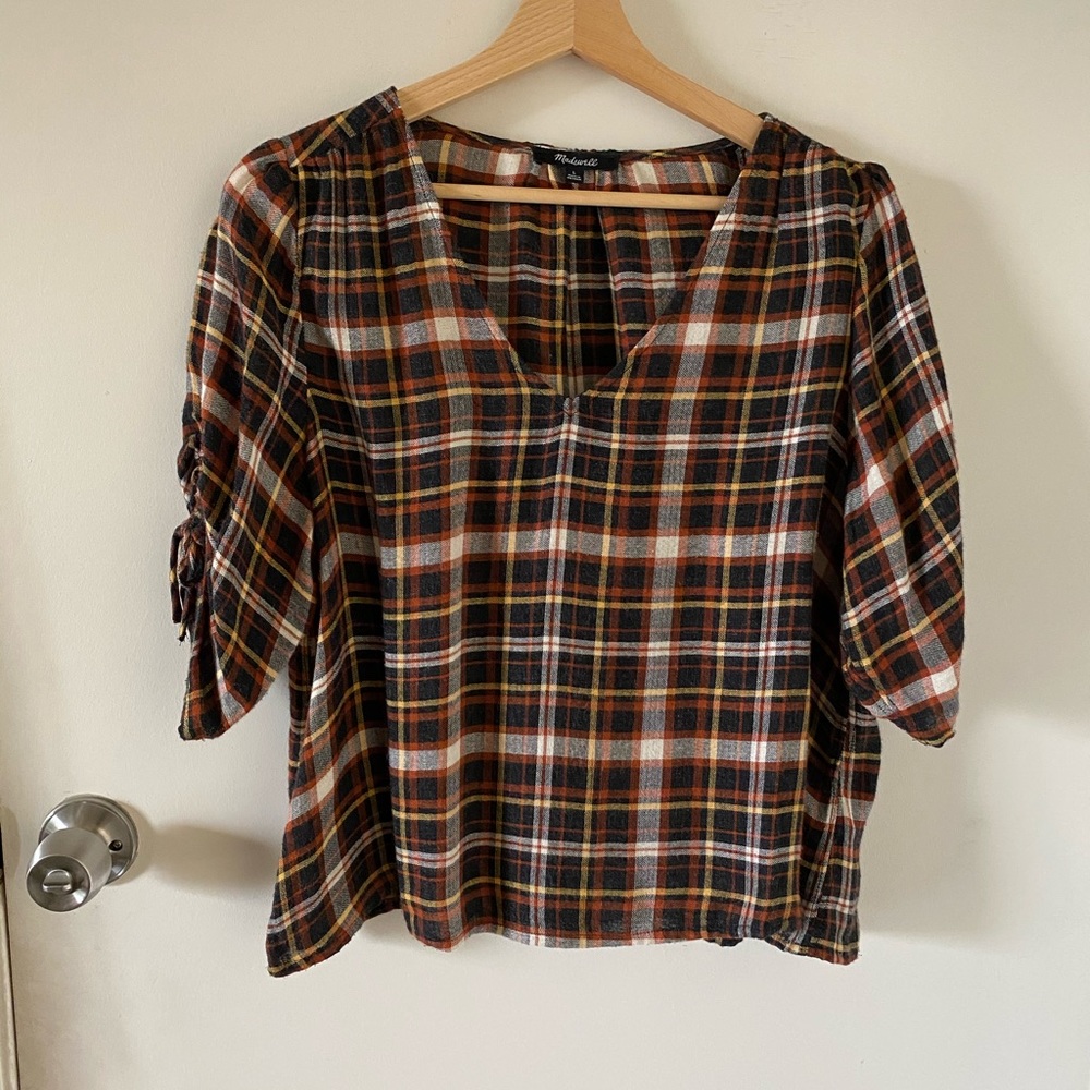 Plaid Cinch-Sleeve Top sz L - Picture 2 of 5
